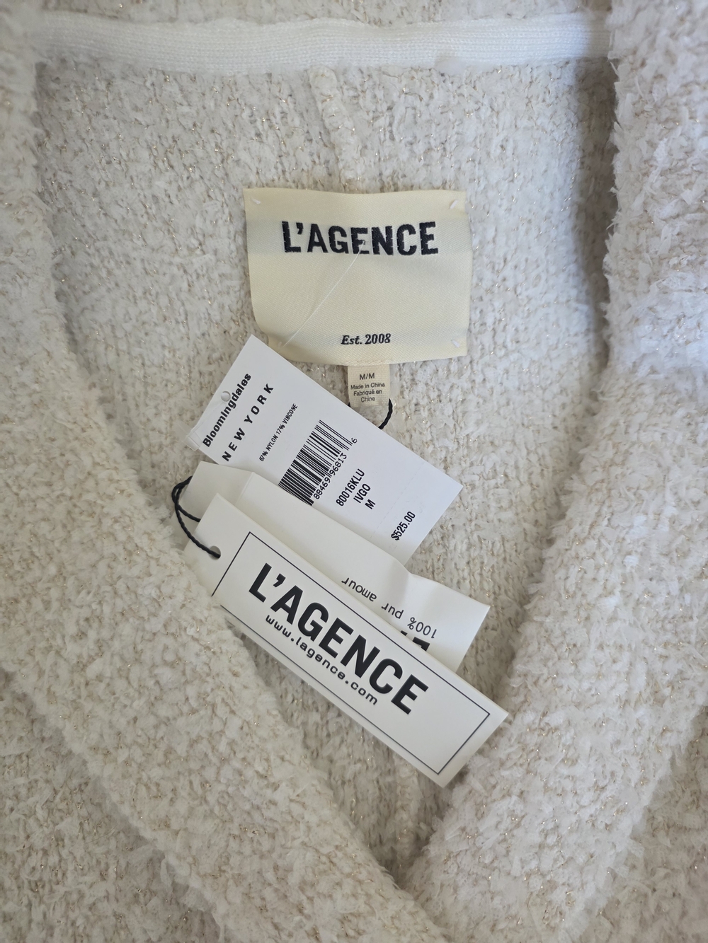 L'AGENCE Cream Bouclé Double-Breasted Blazer with Gold Buttons Sz M - Picture 3 of 4